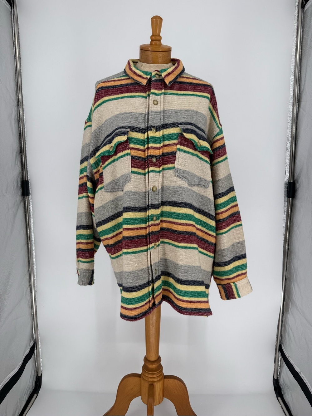 Men's Outdoorsy Striped Button-Up Shirt in Cream and Multi-Color size XL